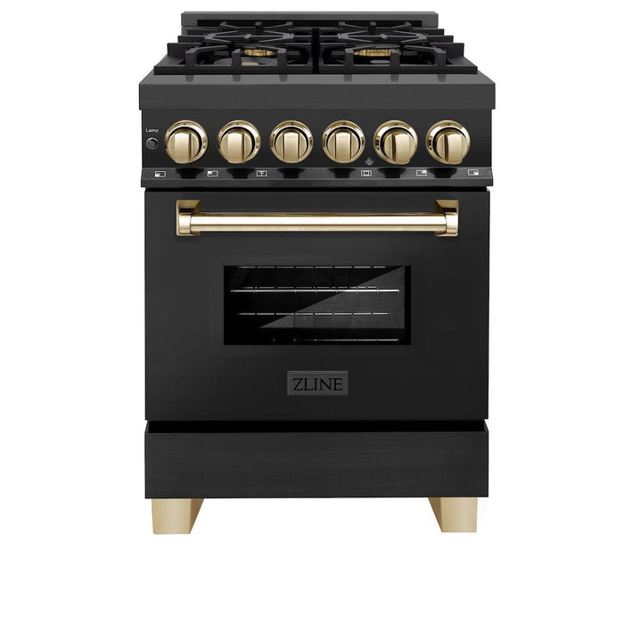 ZLINE Autograph Edition 24 in. 2.8 cu. ft. Legacy Dual Fuel Range with 4 Burner Gas Cooktop and Electric Convection Oven in Black Stainless Steel and Polished Gold Accents (RABZ-24-G)