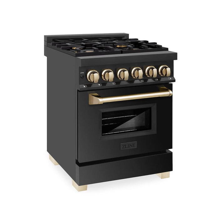 ZLINE Autograph Edition 24 in. 2.8 cu. ft. Legacy Dual Fuel Range with 4 Burner Gas Cooktop and Electric Convection Oven in Black Stainless Steel and Polished Gold Accents (RABZ-24-G)