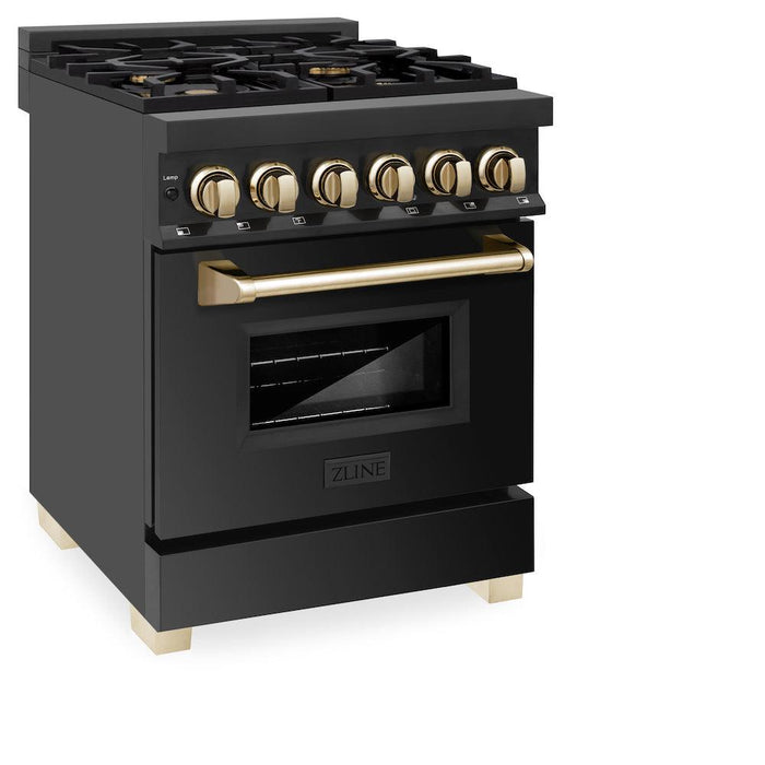 ZLINE Autograph Edition 24 in. 2.8 cu. ft. Legacy Dual Fuel Range with 4 Burner Gas Cooktop and Electric Convection Oven in Black Stainless Steel and Polished Gold Accents (RABZ-24-G)