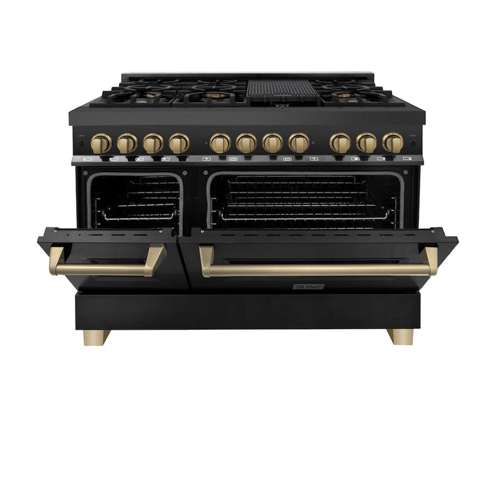 ZLINE Autograph Edition 48 in. 6.0 cu. ft. Legacy Dual Fuel Range with 7 Burner Gas Cooktop and 2 Electric Ovens in Black Stainless Steel and Champagne Bronze Accents (RABZ-48-CB)