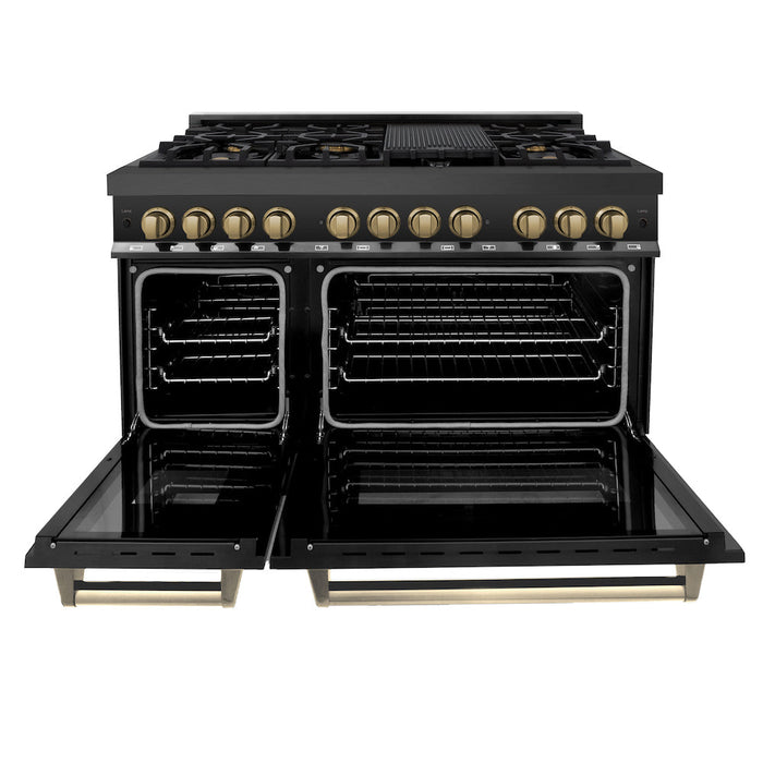 ZLINE Autograph Edition 48 in. 6.0 cu. ft. Legacy Dual Fuel Range with 7 Burner Gas Cooktop and 2 Electric Ovens in Black Stainless Steel and Champagne Bronze Accents (RABZ-48-CB)