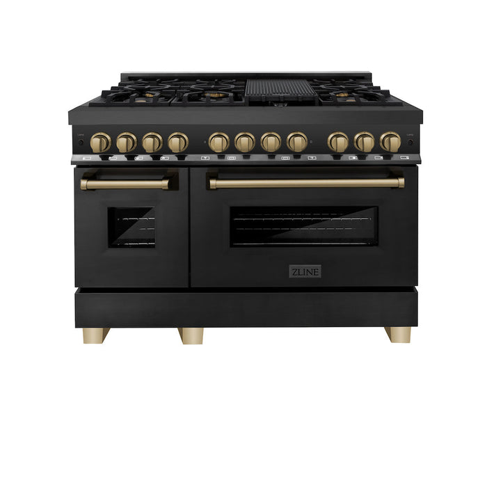 ZLINE Autograph Edition 48 in. 6.0 cu. ft. Legacy Dual Fuel Range with 7 Burner Gas Cooktop and 2 Electric Ovens in Black Stainless Steel and Champagne Bronze Accents (RABZ-48-CB)