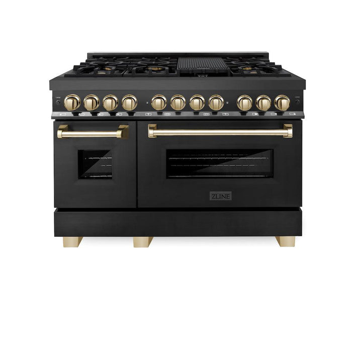 ZLINE Autograph Edition 48 in. 6.0 cu. ft. Legacy Dual Fuel Range with 7 Burner Gas Cooktop and 2 Electric Ovens in Black Stainless Steel and Polished Gold Accents (RABZ-48-G)