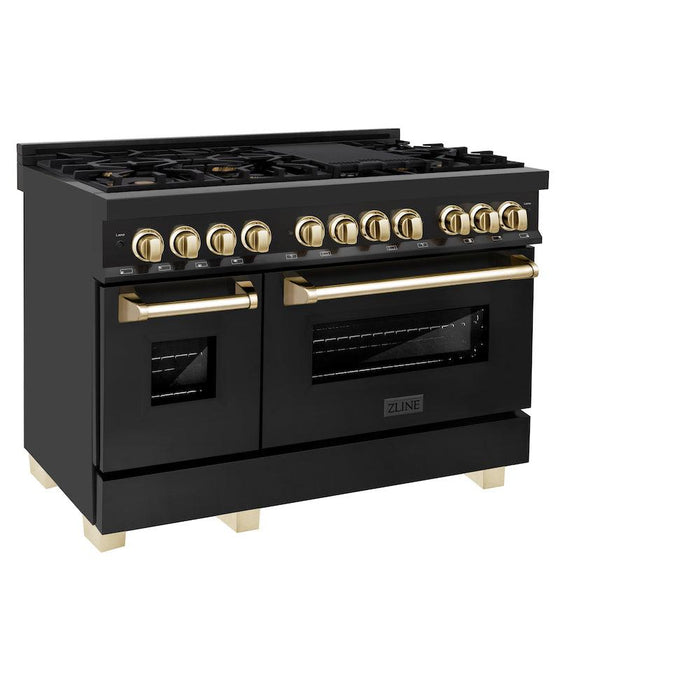 ZLINE Autograph Edition 48 in. 6.0 cu. ft. Legacy Dual Fuel Range with 7 Burner Gas Cooktop and 2 Electric Ovens in Black Stainless Steel and Polished Gold Accents (RABZ-48-G)