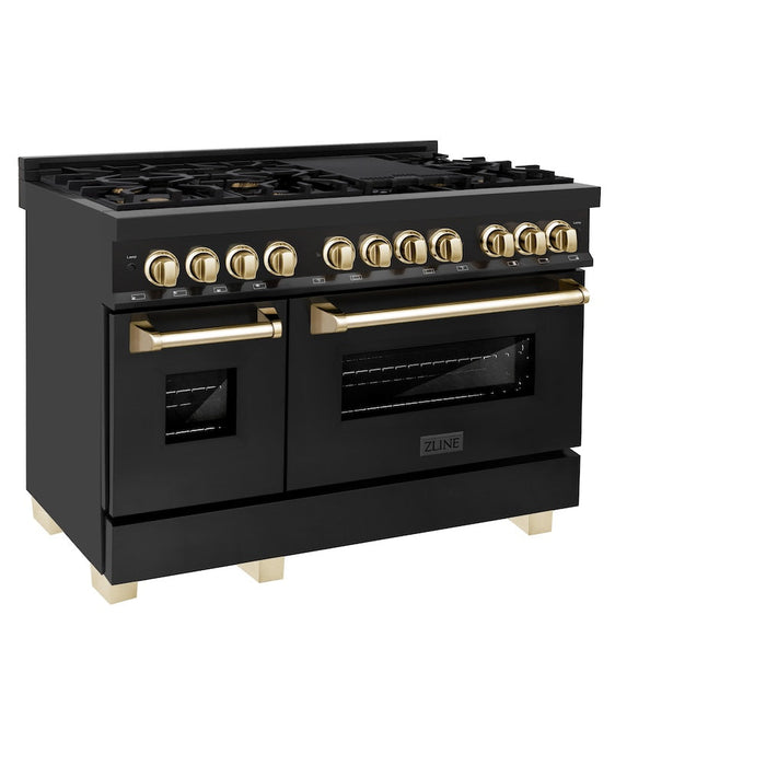 ZLINE Autograph Edition 48 in. Kitchen Package with Black Stainless Steel Dual Fuel Range and Range Hood with Polished Gold Accents (2AKP-RABRH48-G)