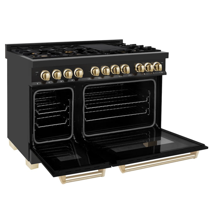 ZLINE Autograph Edition 48 in. Kitchen Package with Black Stainless Steel Dual Fuel Range, Range Hood and Dishwasher with Polished Gold Accents (3AKP-RABRHDWV48-G)