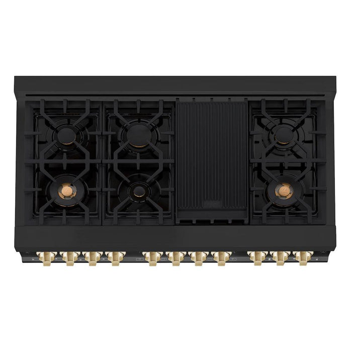 ZLINE Autograph Edition 48 in. 6.0 cu. ft. Legacy Dual Fuel Range with 7 Burner Gas Cooktop and 2 Electric Ovens in Black Stainless Steel and Polished Gold Accents (RABZ-48-G)