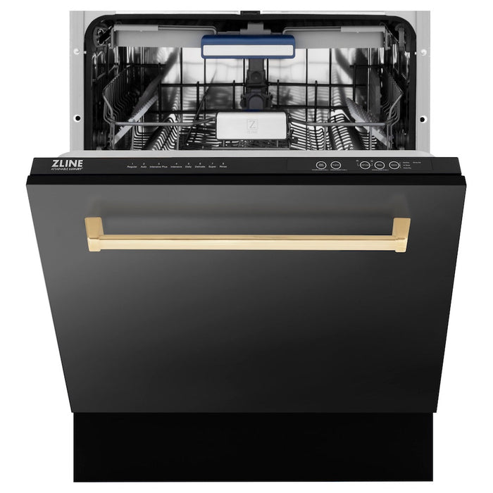 ZLINE Autograph Edition 30 in. Kitchen Package with Black Stainless Steel Dual Fuel Range, Range Hood and Dishwasher with Polished Gold Accents (3AKP-RABRHDWV30-G)