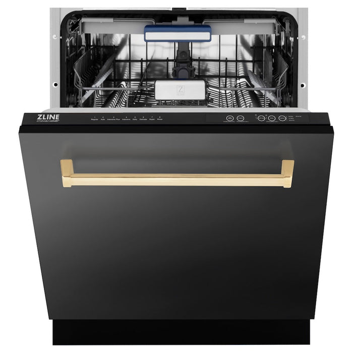 ZLINE Autograph Edition 24 in. Tallac Series 3rd Rack Top Control Built-In Tall Tub Dishwasher in Black Stainless Steel with Polished Gold Handle, 51dBa (DWVZ-BS-24-G)