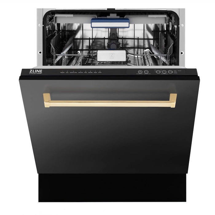 ZLINE Autograph Edition 48 in. Kitchen Package with Black Stainless Steel Dual Fuel Range, Range Hood and Dishwasher with Polished Gold Accents (3AKP-RABRHDWV48-G)