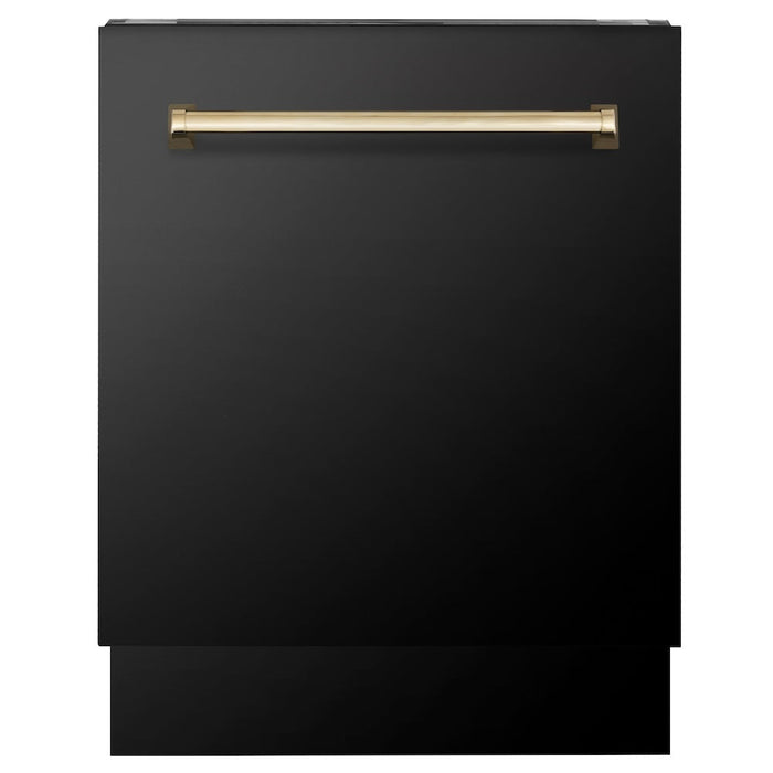 ZLINE Autograph Edition 24 in. 3rd Rack Top Control Tall Tub Dishwasher in Black Stainless Steel with Polished Gold Accent Handle, 51dBa (DWVZ-BS-24-G)