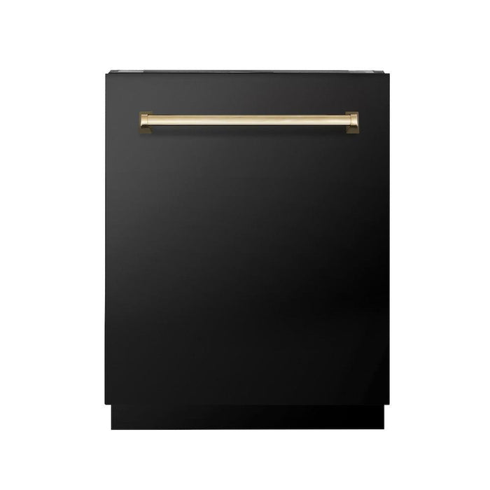 ZLINE Autograph Edition 24 in. Tallac Series 3rd Rack Top Control Built-In Tall Tub Dishwasher in Black Stainless Steel with Polished Gold Handle, 51dBa (DWVZ-BS-24-G)