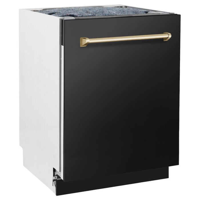 ZLINE Autograph Edition 24 in. Tallac Series 3rd Rack Top Control Built-In Tall Tub Dishwasher in Black Stainless Steel with Polished Gold Handle, 51dBa (DWVZ-BS-24-G)