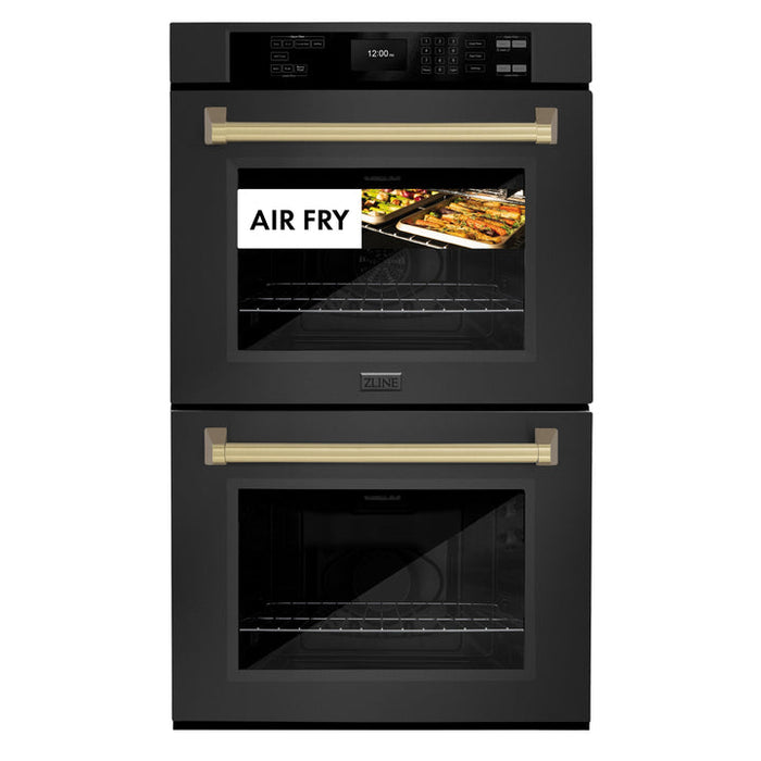 ZLINE 30" Autograph Double Wall Oven with Air Fry and Self-Clean in Black and Champagne Bronze Handle, WADBZ-30-CB