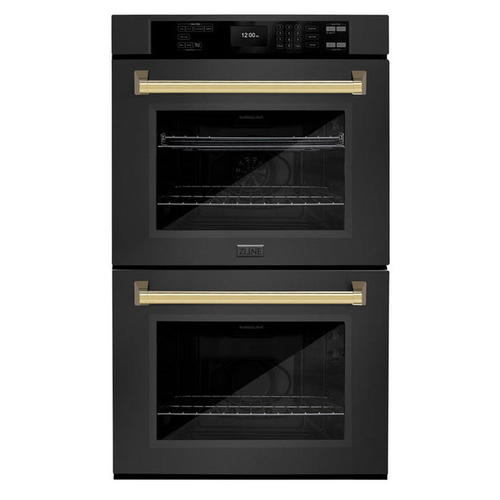 ZLINE 30" Autograph Double Wall Oven with Air Fry and Self-Clean in Black and Gold Handle, WADBZ-30-G