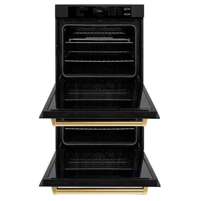 ZLINE 30" Autograph Double Wall Oven with Air Fry and Self-Clean in Black and Gold Handle, WADBZ-30-G