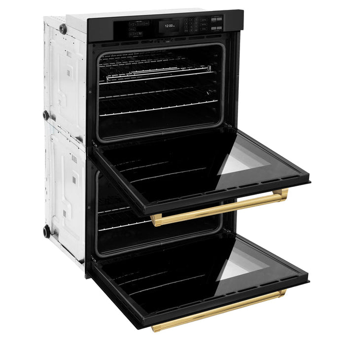 ZLINE 30" Autograph Double Wall Oven with Air Fry and Self-Clean in Black and Gold Handle, WADBZ-30-G