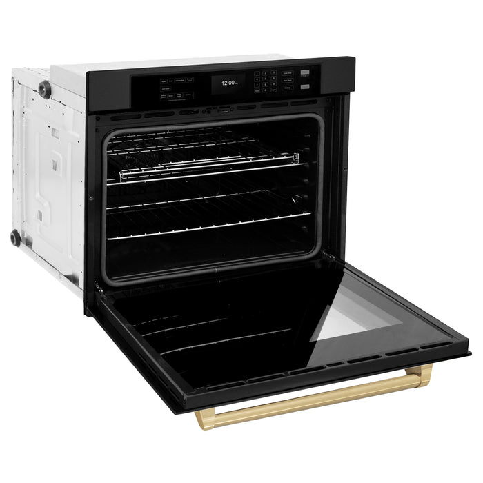 ZLINE 30" Autograph Single Wall Oven with Air Fry and Self-Clean in Black and Champagne Bronze Handle, WASBZ-30-CB