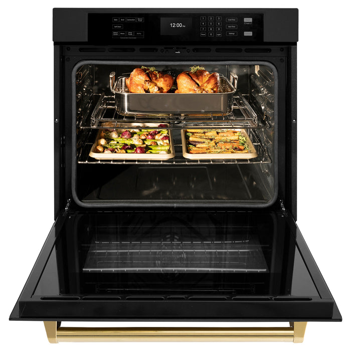 ZLINE 30" Autograph Single Wall Oven with Air Fry and Self-Clean in Black and Gold Handle, WASBZ-30-G