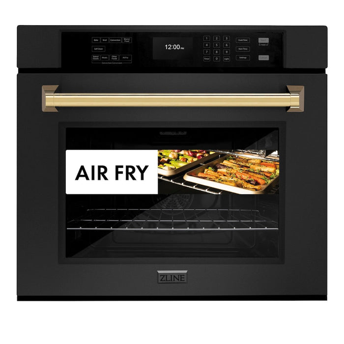 ZLINE Autograph Edition 30 in. Professional True Convection Single Wall Oven with Air Fry and Self Clean in Black Stainless Steel with Polished Gold Handle (WASBZ-30-G)