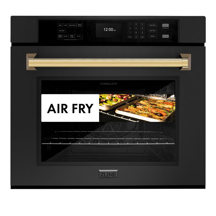 ZLINE 30" Autograph Single Wall Oven with Air Fry and Self-Clean in Black and Gold Handle, WASBZ-30-G