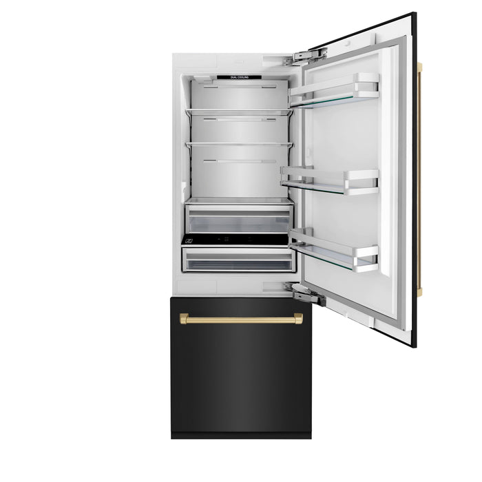 ZLINE Autograph Edition 30 in. 16.1 cu. ft. Built-in 2-Door Bottom Freezer Refrigerator with Internal Water and Ice Dispenser in Black Stainless Steel with Champagne Bronze Accents (RBIVZ-BS-30-CB)