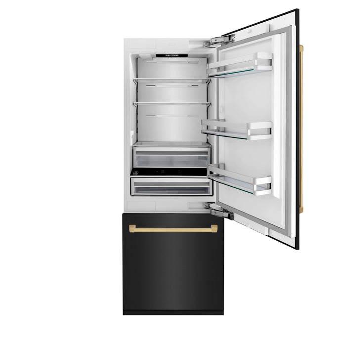 ZLINE Autograph Edition 30 in. 16.1 cu. ft. Built-in 2-Door Bottom Freezer Refrigerator with Internal Water and Ice Dispenser in Black Stainless Steel with Polished Gold Accents (RBIVZ-BS-30-G)