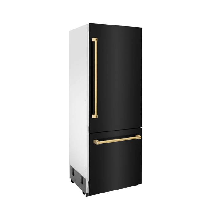 ZLINE Autograph Edition 30 in. 16.1 cu. ft. Built-in 2-Door Bottom Freezer Refrigerator with Internal Water and Ice Dispenser in Black Stainless Steel with Polished Gold Accents (RBIVZ-BS-30-G)