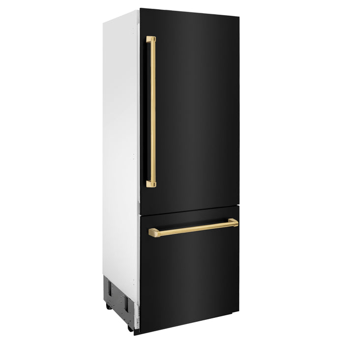 ZLINE Autograph Edition 30 in. 16.1 cu. ft. Built-in 2-Door Bottom Freezer Refrigerator with Internal Water and Ice Dispenser in Black Stainless Steel with Polished Gold Accents (RBIVZ-BS-30-G)