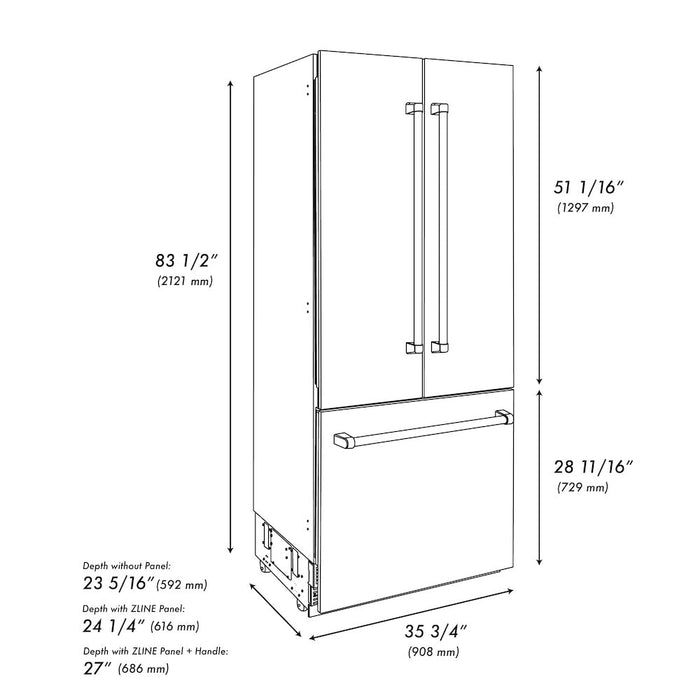 ZLINE Autograph Edition 36 in. 19.6 cu. ft. Built-in 3-Door French Door Refrigerator with Internal Water and Ice Dispenser in Black Stainless Steel with Champagne Bronze Accents (RBIVZ-BS-36-CB)