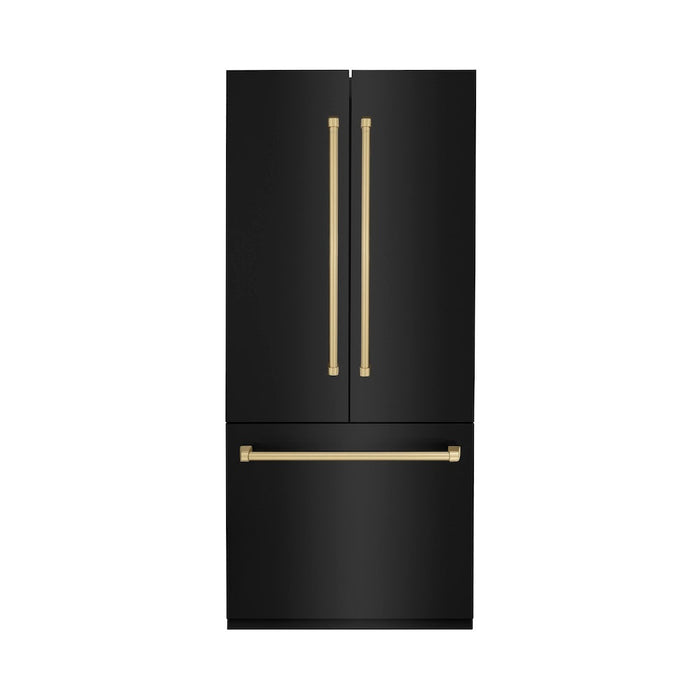 ZLINE Autograph Edition 36 in. 19.6 cu. ft. Built-in 3-Door French Door Refrigerator with Internal Water and Ice Dispenser in Black Stainless Steel with Champagne Bronze Accents (RBIVZ-BS-36-CB)