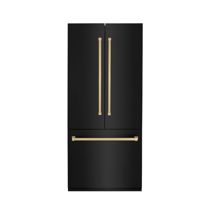 ZLINE Autograph Edition 36 in. 19.6 cu. ft. Built-in 3-Door French Door Refrigerator with Internal Water and Ice Dispenser in Black Stainless Steel with Champagne Bronze Accents (RBIVZ-BS-36-CB)