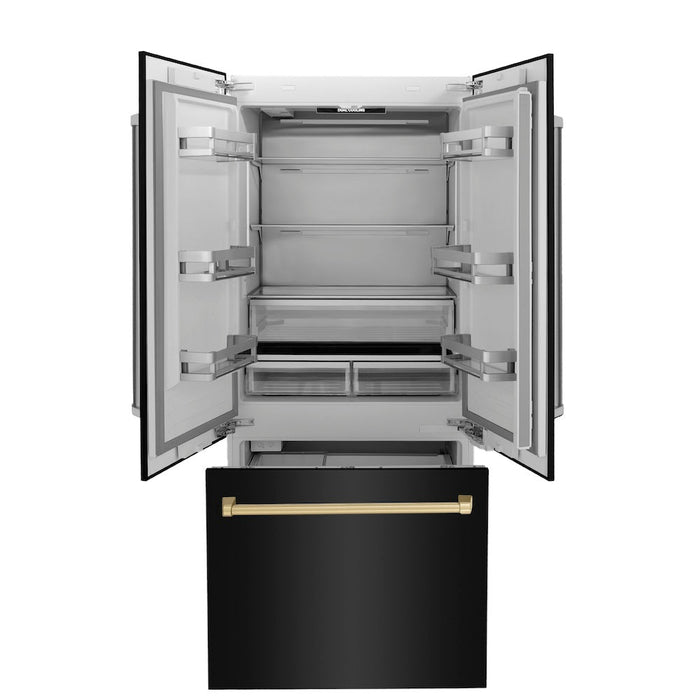 ZLINE Autograph Edition 36 in. 19.6 cu. ft. Built-in 3-Door French Door Refrigerator with Internal Water and Ice Dispenser in Black Stainless Steel with Champagne Bronze Accents (RBIVZ-BS-36-CB)