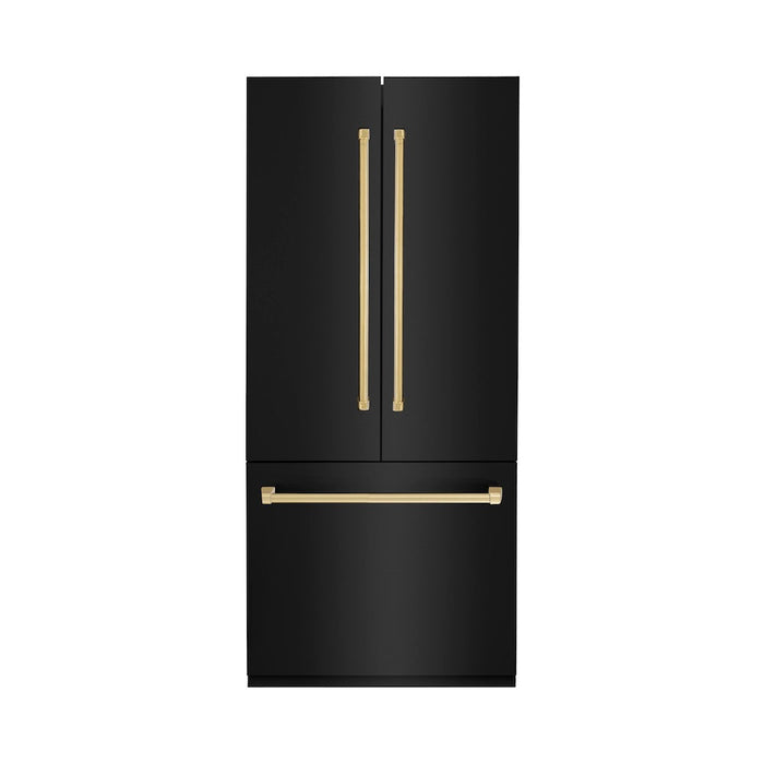 ZLINE Autograph Edition 36 in. 19.6 cu. ft. Built-in 3-Door French Door Refrigerator with Internal Water and Ice Dispenser in Black Stainless Steel with Polished Gold Accents (RBIVZ-BS-36-G)