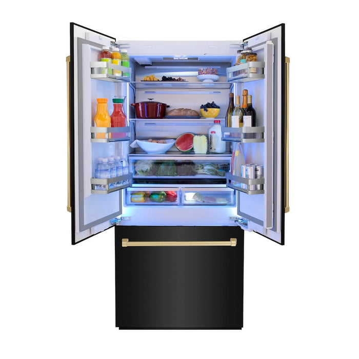 ZLINE Autograph Edition 36 in. 19.6 cu. ft. Built-in 3-Door French Door Refrigerator with Internal Water and Ice Dispenser in Black Stainless Steel with Polished Gold Accents (RBIVZ-BS-36-G)