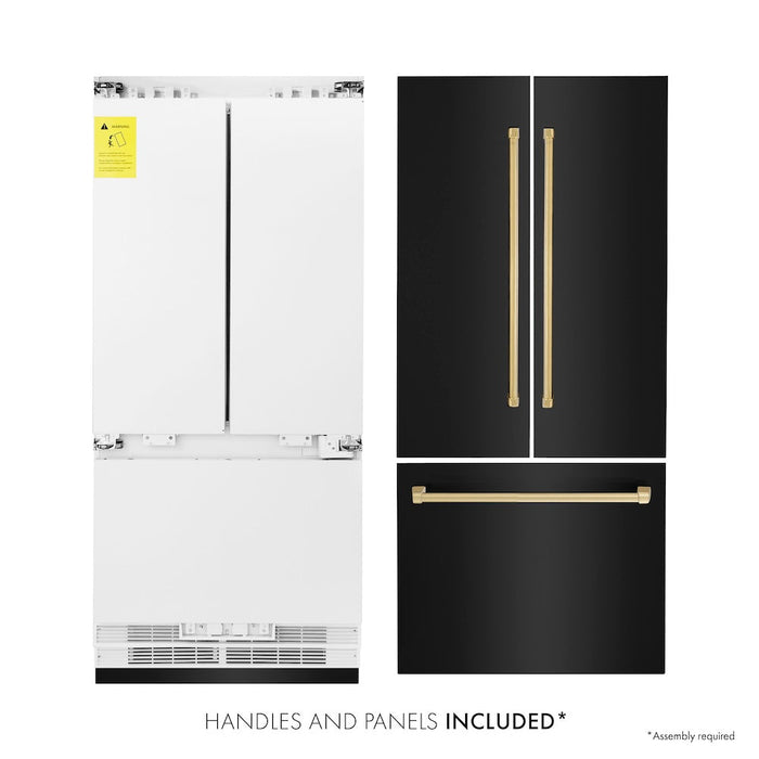 ZLINE Autograph Edition 36 in. 19.6 cu. ft. Built-in 3-Door French Door Refrigerator with Internal Water and Ice Dispenser in Black Stainless Steel with Polished Gold Accents (RBIVZ-BS-36-G)