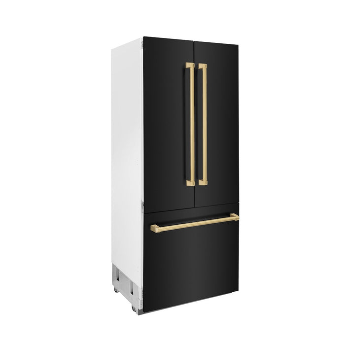 ZLINE Autograph Edition 36 in. 19.6 cu. ft. Built-in 3-Door French Door Refrigerator with Internal Water and Ice Dispenser in Black Stainless Steel with Polished Gold Accents (RBIVZ-BS-36-G)