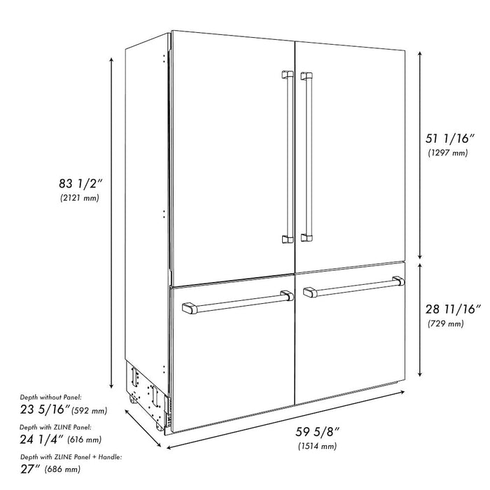 ZLINE Autograph Edition 60 in. 32.2 cu. ft. Built-in 4-Door French Door Refrigerator with Internal Water and Ice Dispenser in Black Stainless Steel with Champagne Bronze Accents (RBIVZ-BS-60-CB)