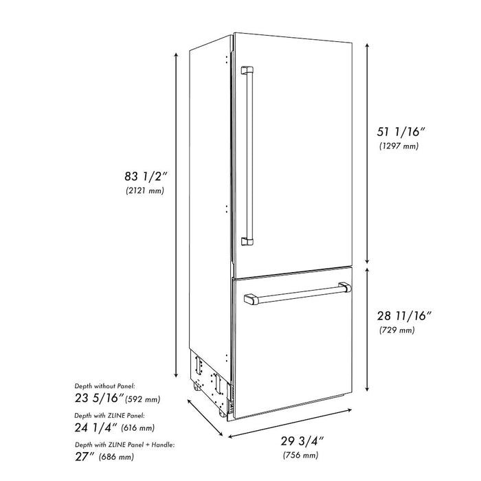 ZLINE Autograph Edition 30 in. 16.1 cu. ft. Built-in 2-Door Bottom Freezer Refrigerator with Internal Water and Ice Dispenser in Fingerprint Resistant Stainless Steel with Champagne Bronze Accents (RBIVZ-SN-30-CB)