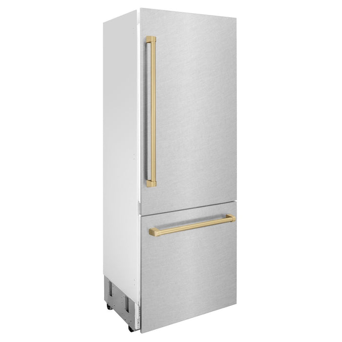 ZLINE Autograph Edition 30 in. 16.1 cu. ft. Built-in 2-Door Bottom Freezer Refrigerator with Internal Water and Ice Dispenser in Fingerprint Resistant Stainless Steel with Champagne Bronze Accents (RBIVZ-SN-30-CB)