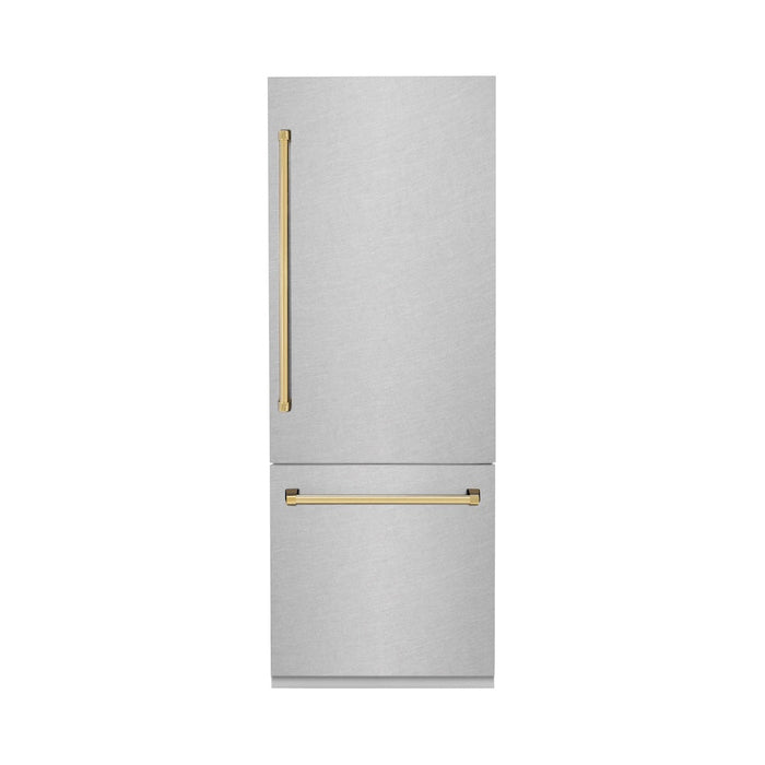 ZLINE Autograph Edition 30 in. 16.1 cu. ft. Built-in 2-Door Bottom Freezer Refrigerator with Internal Water and Ice Dispenser in Fingerprint Resistant Stainless Steel with Polished Gold Accents (RBIVZ-SN-30-G)