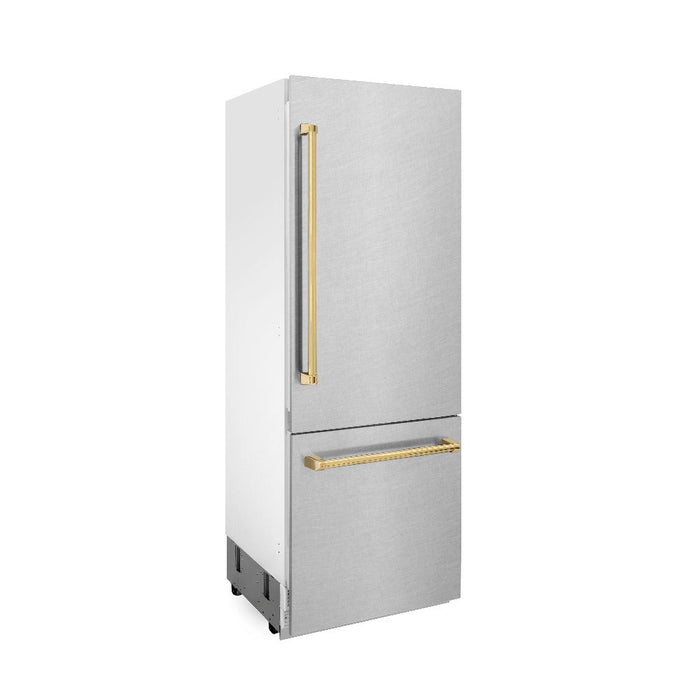 ZLINE Autograph Edition 30 in. 16.1 cu. ft. Built-in 2-Door Bottom Freezer Refrigerator with Internal Water and Ice Dispenser in Fingerprint Resistant Stainless Steel with Polished Gold Accents (RBIVZ-SN-30-G)