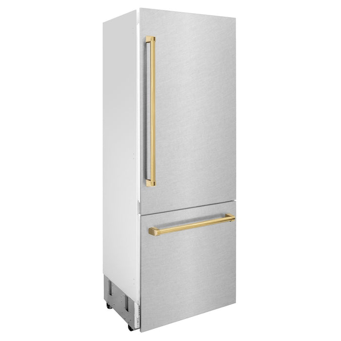 ZLINE Autograph Edition 30 in. 16.1 cu. ft. Built-in 2-Door Bottom Freezer Refrigerator with Internal Water and Ice Dispenser in Fingerprint Resistant Stainless Steel with Polished Gold Accents (RBIVZ-SN-30-G)