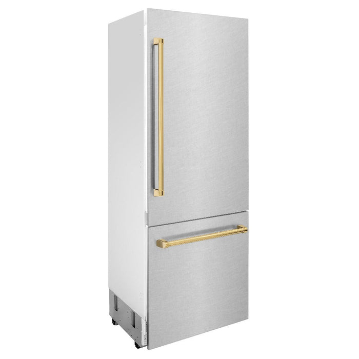 ZLINE Autograph Edition 30 in. 16.1 cu. ft. Built-in 2-Door Bottom Freezer Refrigerator with Internal Water and Ice Dispenser in Fingerprint Resistant Stainless Steel with Polished Gold Accents (RBIVZ-SN-30-G)