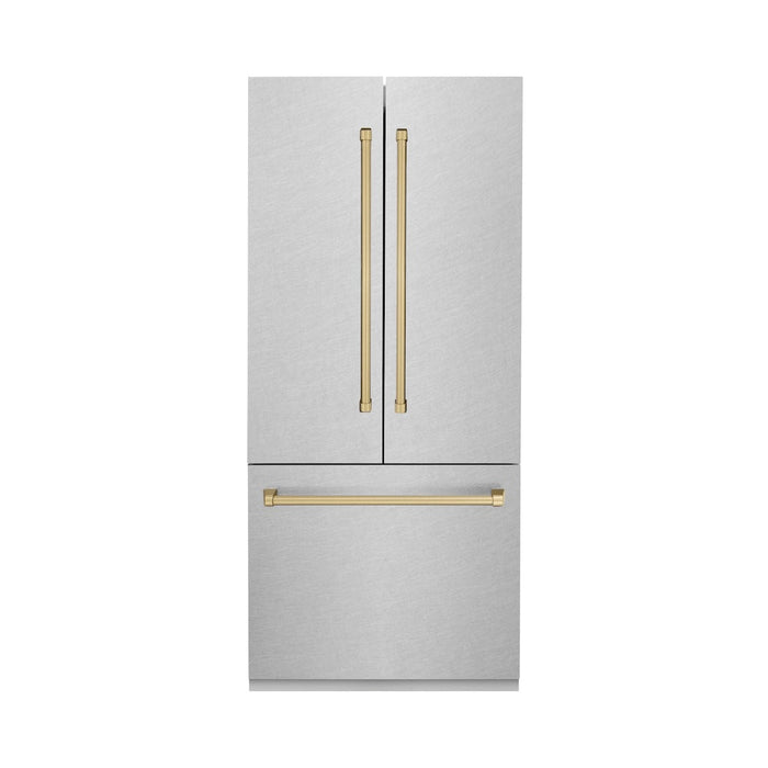 ZLINE Autograph Edition 36 in. 19.6 cu. ft. Built-in 3-Door French Door Refrigerator with Internal Water and Ice Dispenser in Fingerprint Resistant Stainless Steel with Champagne Bronze Accents (RBIVZ-SN-36-CB)