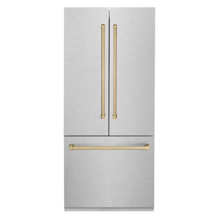 ZLINE Autograph Edition 36 in. 19.6 cu. ft. Built-in 3-Door French Door Refrigerator with Internal Water and Ice Dispenser in Fingerprint Resistant Stainless Steel with Champagne Bronze Accents (RBIVZ-SN-36-CB)