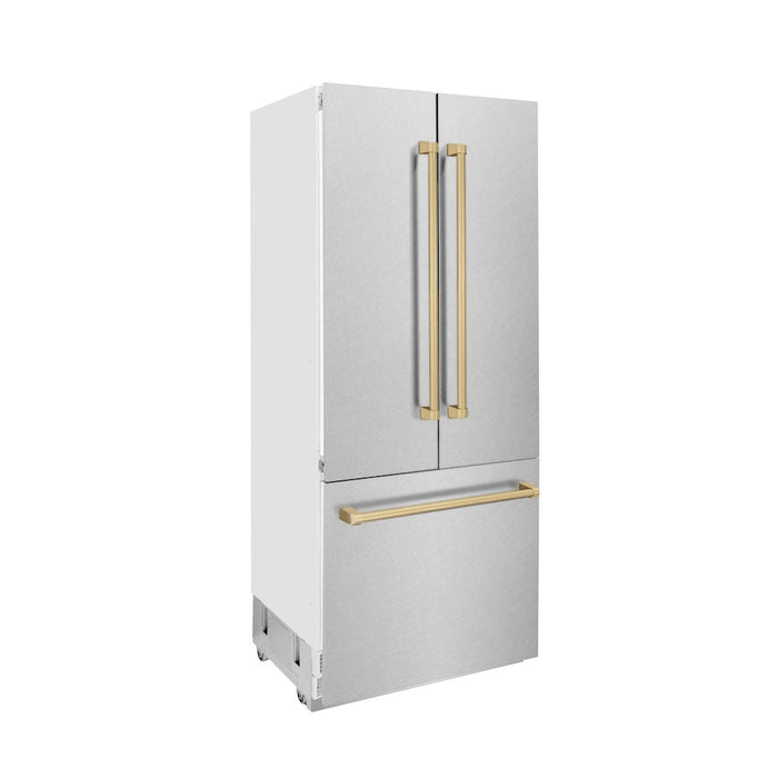 ZLINE Autograph Edition 36 in. 19.6 cu. ft. Built-in 3-Door French Door Refrigerator with Internal Water and Ice Dispenser in Fingerprint Resistant Stainless Steel with Champagne Bronze Accents (RBIVZ-SN-36-CB)