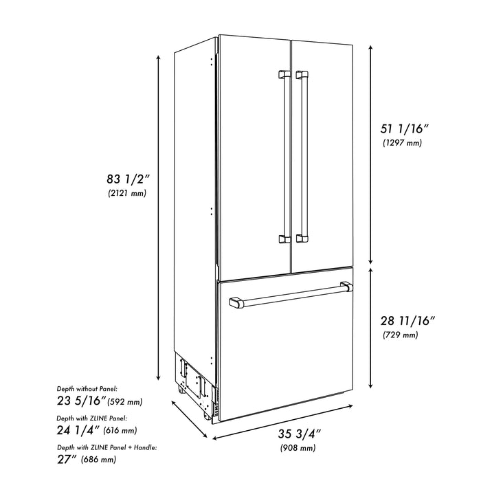 ZLINE Autograph Edition 36 in. 19.6 cu. ft. Built-in 3-Door French Door Refrigerator with Internal Water and Ice Dispenser in Fingerprint Resistant Stainless Steel with Polished Gold Accents (RBIVZ-SN-36-G)