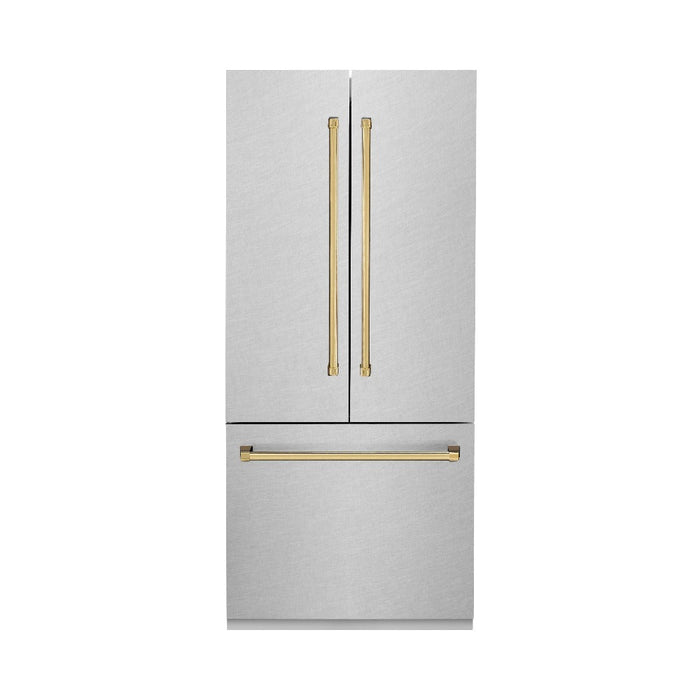 ZLINE Autograph Edition 36 in. 19.6 cu. ft. Built-in 3-Door French Door Refrigerator with Internal Water and Ice Dispenser in Fingerprint Resistant Stainless Steel with Polished Gold Accents (RBIVZ-SN-36-G)