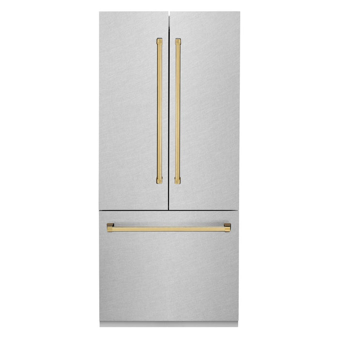 ZLINE Autograph Edition 36 in. 19.6 cu. ft. Built-in 3-Door French Door Refrigerator with Internal Water and Ice Dispenser in Fingerprint Resistant Stainless Steel with Polished Gold Accents (RBIVZ-SN-36-G)